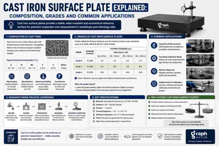 Infographic explaining cast iron surface plates, including their composition, precision grades, manufacturing process, specifications, and common applications in metrology and inspection.