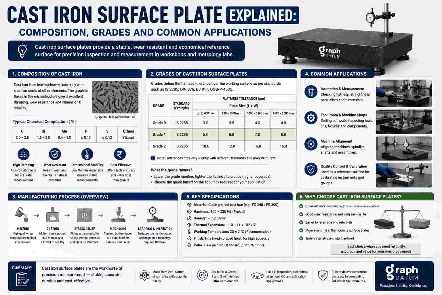 Infographic explaining cast iron surface plates, including their composition, precision grades, manufacturing process, specifications, and common applications in metrology and inspection.