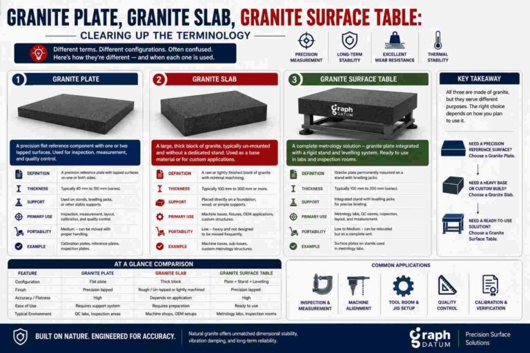 Infographic comparing a granite plate, granite slab, and granite surface table, showing their differences, uses, configurations, support systems, and precision measurement applications.