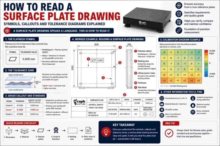 Engineering infographic explaining how to read a surface plate drawing, including GD&T flatness symbols, tolerance zones, grade callouts, calibration diagrams, and certified working area.