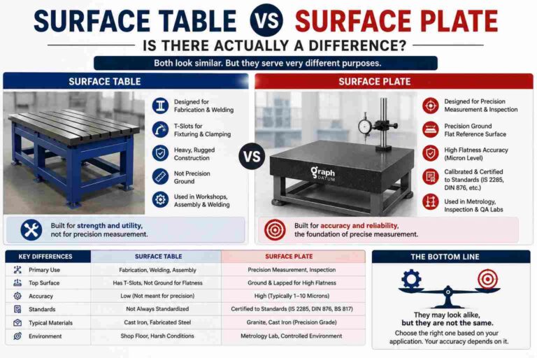 Surface table vs surface plate comparison showing differences in construction, accuracy, applications, and precision measurement use.