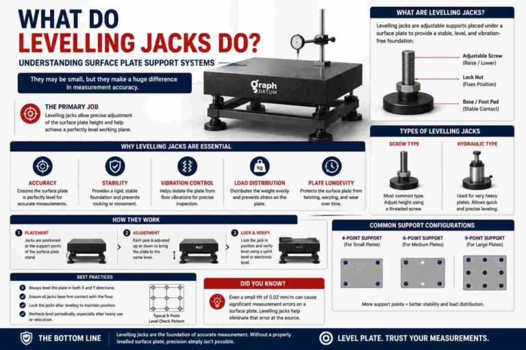 Infographic explaining what levelling jacks do and how they support, stabilize, and level surface plates for accurate precision measurement.