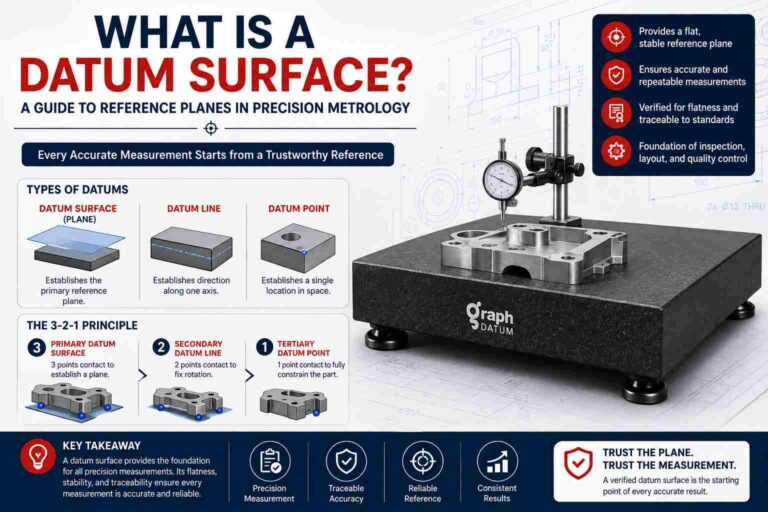 What is a datum surface? Illustration showing a granite surface plate, datum plane, datum line, datum point, and the 3-2-1 principle used in precision metrology.