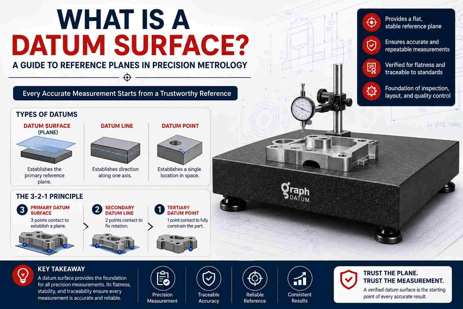What is a datum surface? Illustration showing a granite surface plate, datum plane, datum line, datum point, and the 3-2-1 principle used in precision metrology.
