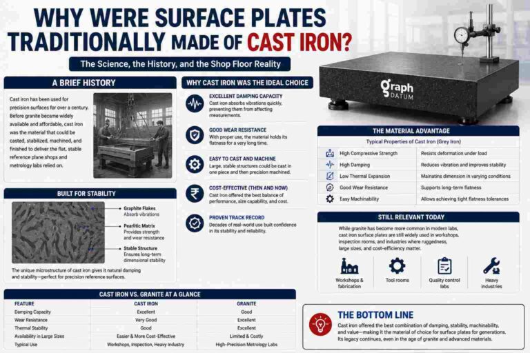 Infographic explaining why surface plates were traditionally made of cast iron, highlighting vibration damping, wear resistance, machinability, stability, and cost advantages.