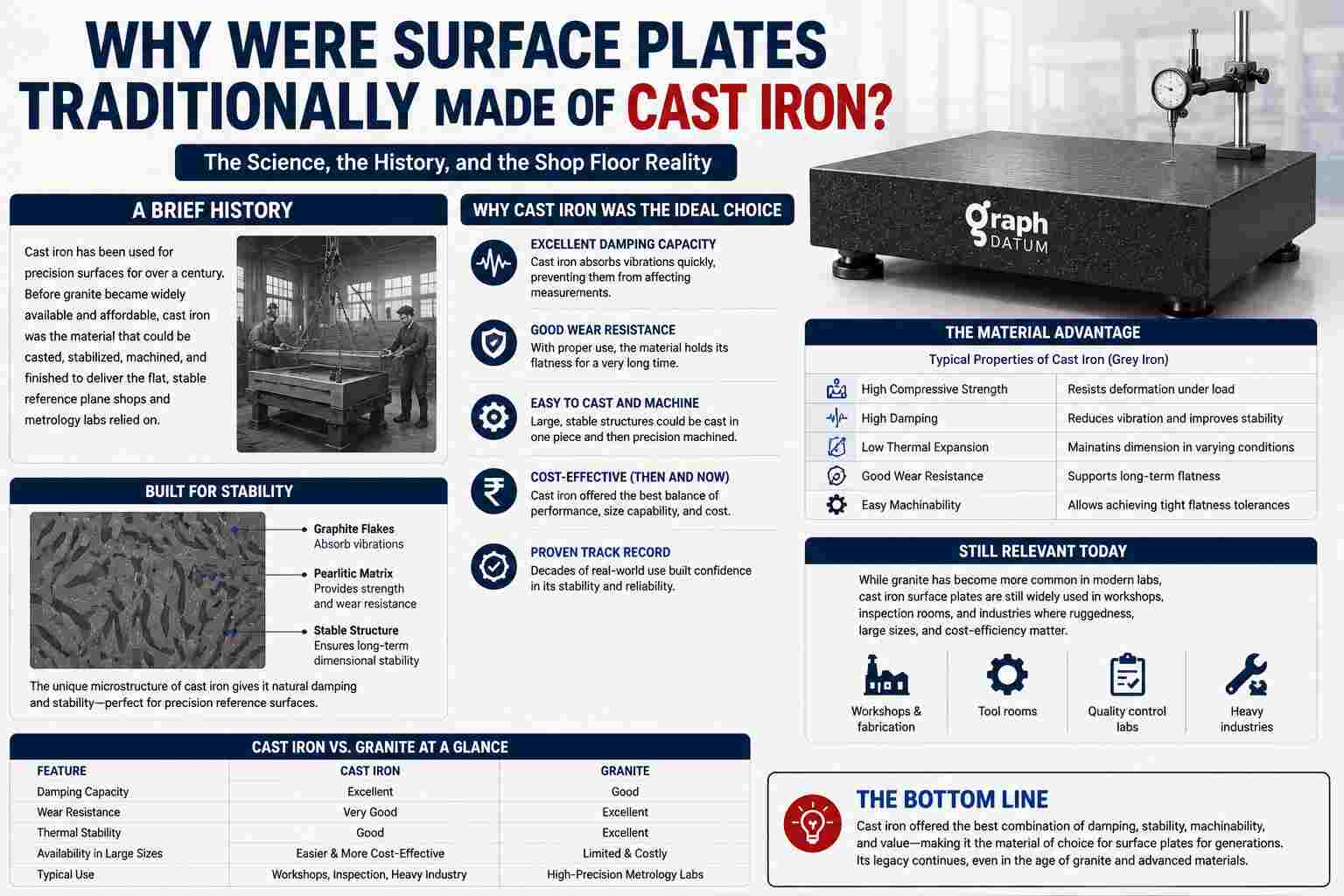 Infographic explaining why surface plates were traditionally made of cast iron, highlighting vibration damping, wear resistance, machinability, stability, and cost advantages.