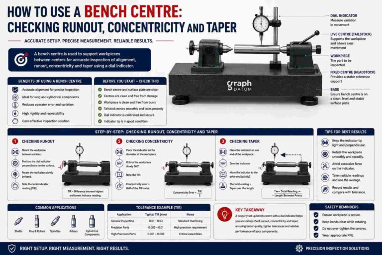 Bench centre setup for checking runout, concentricity, and taper of cylindrical components