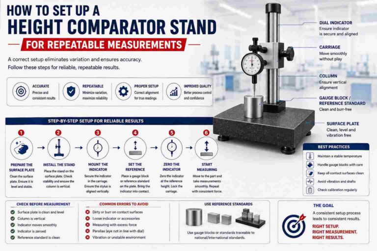 Height comparator stand setup for repeatable precision measurements on a surface plate